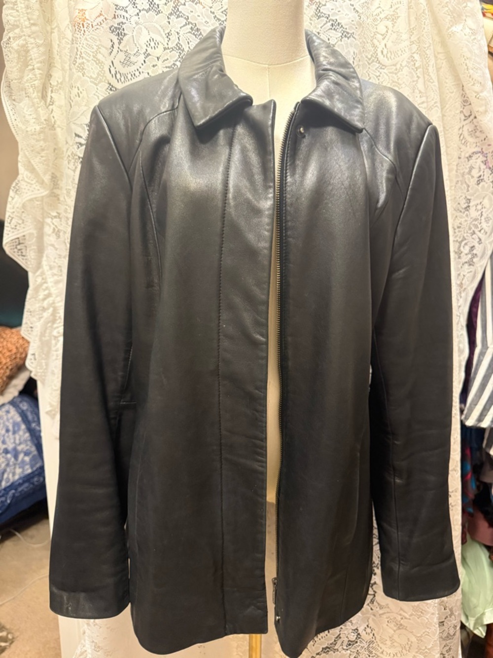 Alfani Black 100% Genuine Leather Zip-Front Jacket with Classic Collar